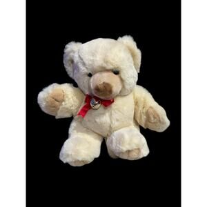 Playful Pals Mervyns Cream Tan Teddy Bear Red Bow Bell Stuffed Plush 14” Vintage
